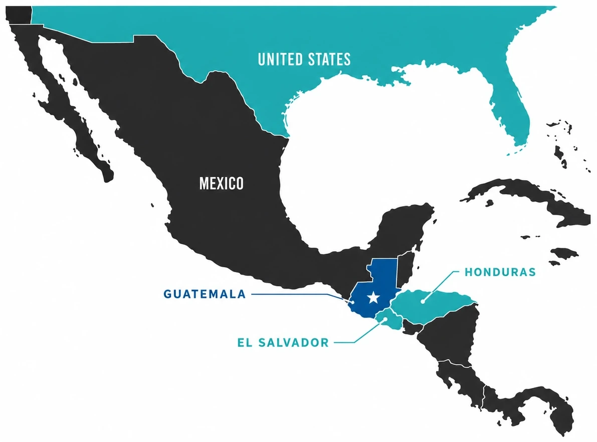 Mapa de Centroamérica y Norteamérica con Guatemala destacada, y El Salvador, Honduras y Estados Unidos señalados como países donde DEL ha ejecutado proyectos
